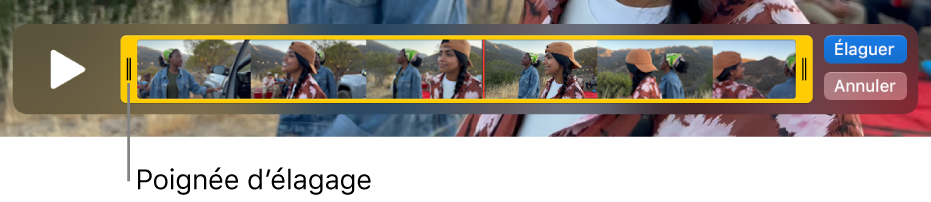 Un plan dans la fenêtre QuickTime Player, montrant une partie du plan entre les poignées jaunes, et le reste en dehors. Le bouton Élaguer et le bouton Annuler sont à droite.