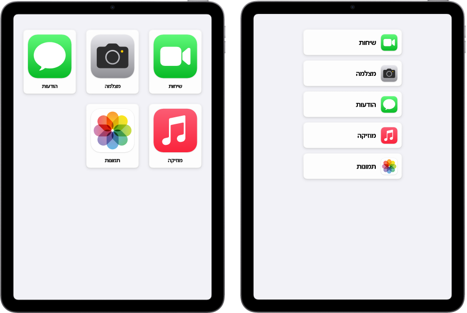המסכים של שני מכשרי iPad במצב ״גישה מסייעת״. באחד מוצג מסך הבית עם יישומים המסודרים בשורה. בשני מוצגים יישומים גדולים יותר, המסודרים ברשת.