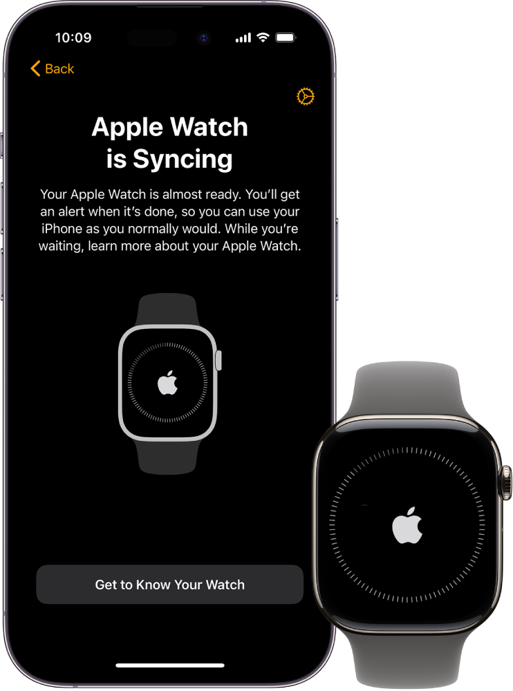 An iPhone and Apple Watch showing their syncing screens.