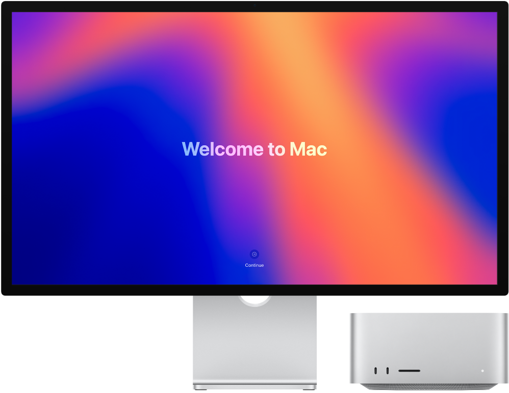 En Studio Display og en Mac Studio ved siden av hverandre med «Velkommen til Mac» på skjermen.