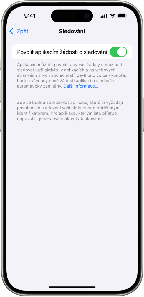 Obrazovka Sledování s nastavením, zda mohou aplikace požadovat sledování na webových stránkách nebo v aplikacích jiných společností.