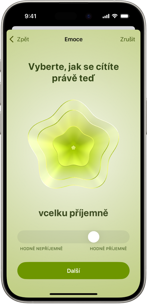 Obrazovka v aplikaci Zdraví, na níž je momentální nálada označena jako „vcelku příjemná“. Dole na obrazovce je posuvník pro nastavení úrovně emoce.