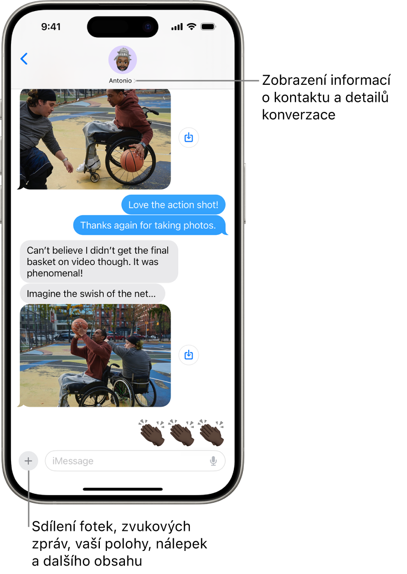 Konverzace v aplikaci Zprávy. U horního okraje obrazovky je uvedené jméno osoby, jíž zprávy posíláte. Klepnutím na toto jméno zobrazíte podrobné informace o konverzaci. V levém dolním rohu je vidět tlačítko Přidat.