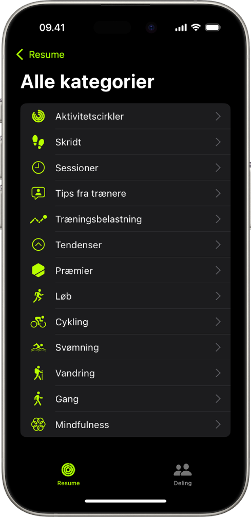 Skærmen Fitness, der viser en liste med fitnesskategorier.
