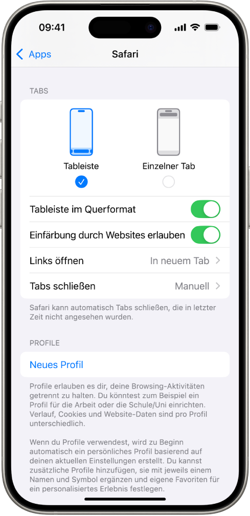 Ein Bildschirm zeigt zwei Layoutoptionen für Safari: „Tableiste“ und „Einzelner Tab“.