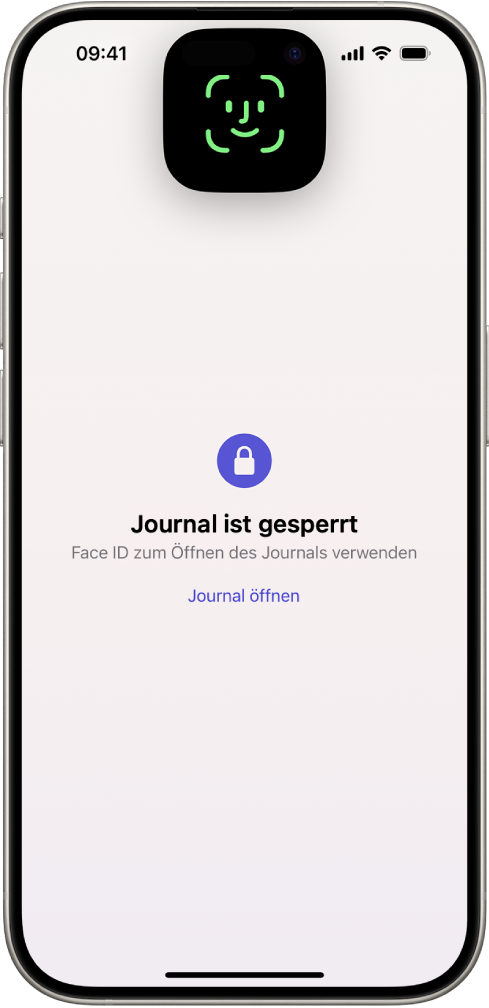 Ein Bildschirm fordert dich auf, Face ID zum Entsperren des Journals zu verwenden.