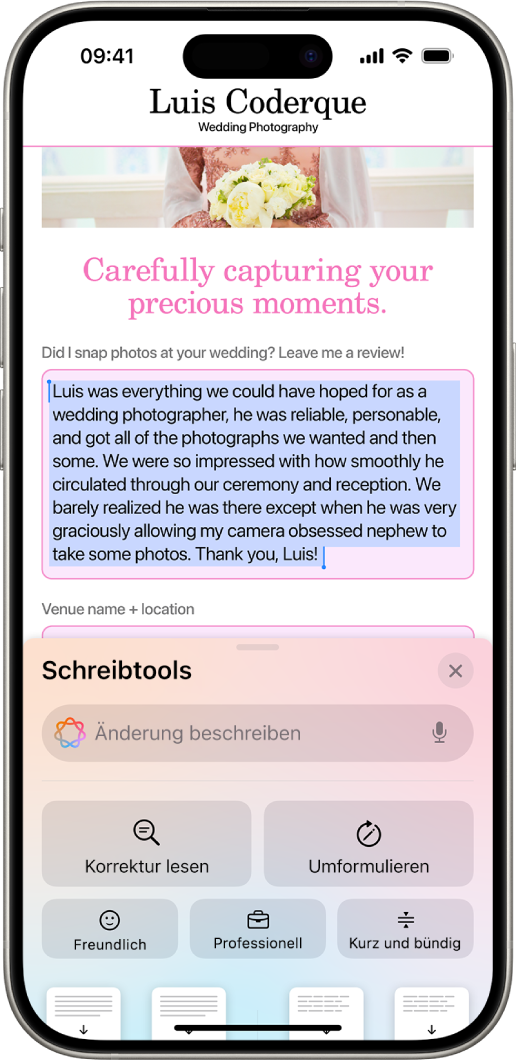 Ein iPhone zeigt markierten Text oben am Bildschirm und den Bereich „Schreibtools“ unten. Der Bereich für „Schreibtools“ zeigt oben ein Feld an, wo du die gewünschte Änderung angeben kannst. Unten werden Optionen für „Schreibtools“ angezeigt.