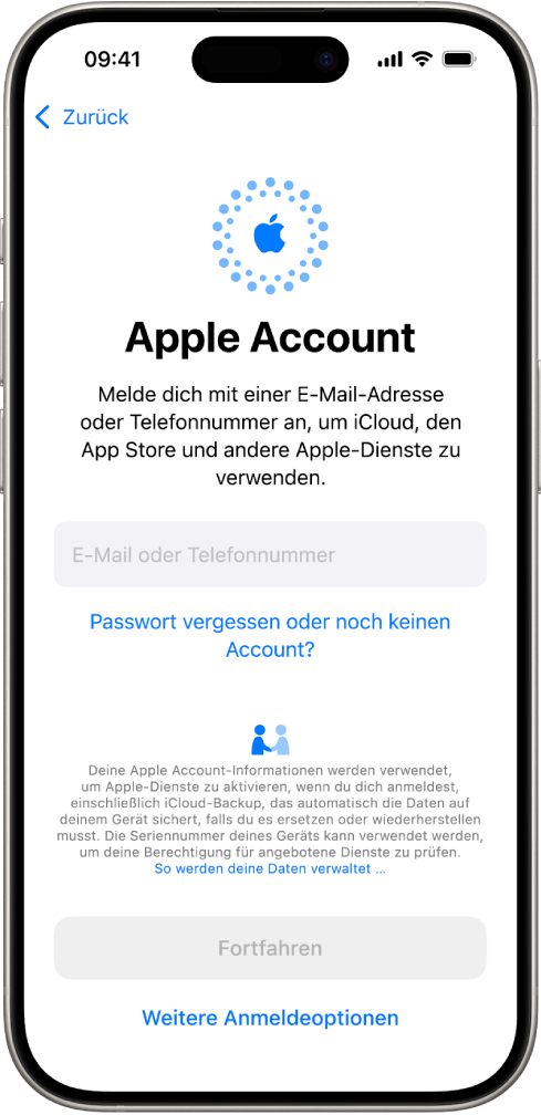 Der Anmeldebildschirm für den Apple Account.