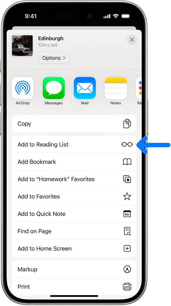 In Safari, the Share button on a webpage has been tapped, revealing a list of options, including Add to Reading List.