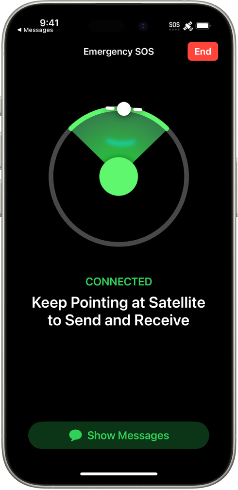 The Emergency SOS screen, showing that the phone is connected and instructing the user to keep pointing at the satellite. The Show Messages button is at the bottom of the screen.