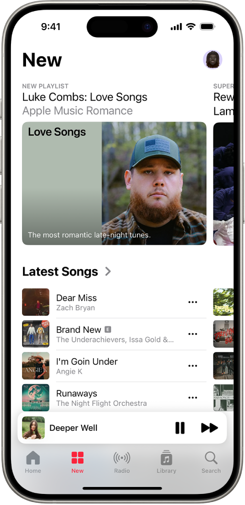 The New screen showing a featured playlist at the top. You can swipe left to see more featured music and videos. The Latest Songs section appears below. You can swipe up on the screen to explore new and recommended music.