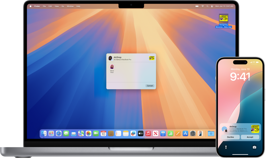 A Mac is next to an iPhone. The AirDrop dialog is open on the Mac desktop, ready to share a document with the iPhone and another MacBook Pro (not pictured). The iPhone Lock Screen has a notification about receiving the document.