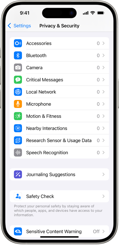The Privacy & Security screen, with settings to control whether apps can use the camera, microphone, and other parts of your iPhone.