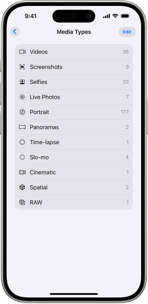 In the Photos app, the Media Types collection is open, showing a list of collections of photos.