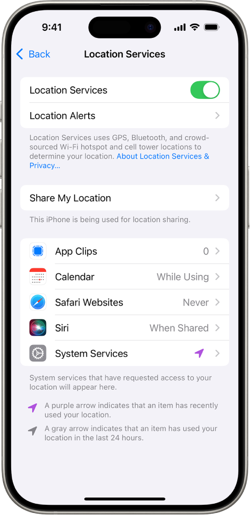 The Location Services screen, with settings to share the location of your iPhone with apps.