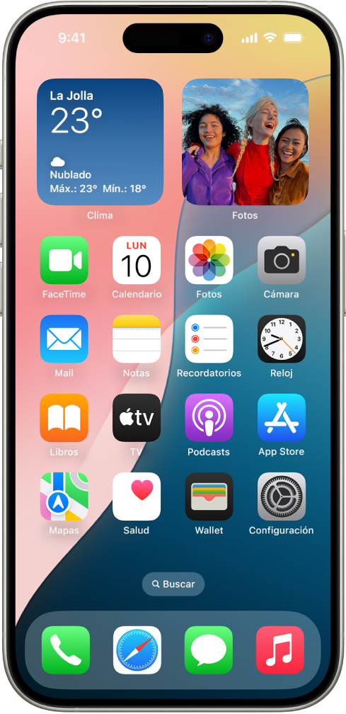 Una captura de pantalla mostrando un ejemplo de la pantalla de inicio predeterminada que viene con iOS 18.