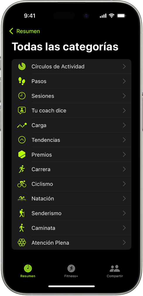 La pantalla Fitness muestra una lista de categorías de fitness.