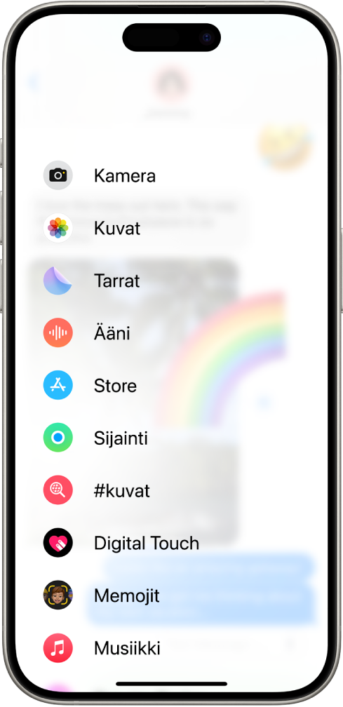 Kun olet napauttanut Viestit-keskustelun Apit-painiketta, näkyviin tulee luettelo viestiin lisättävistä ominaisuuksista.