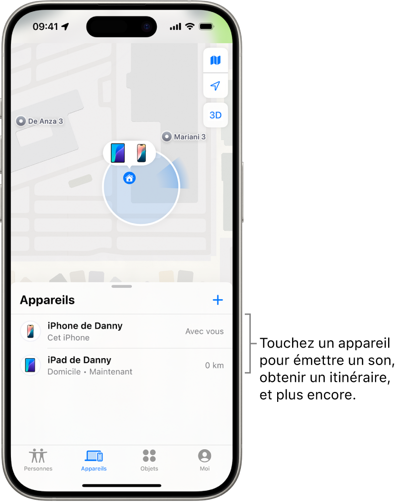 L’écran Localiser ouvert sur la liste Appareils. Il y a deux appareils dans la liste Appareils : iPhone de Danny et iPad de Danny. Leur position est affichée sur un plan.