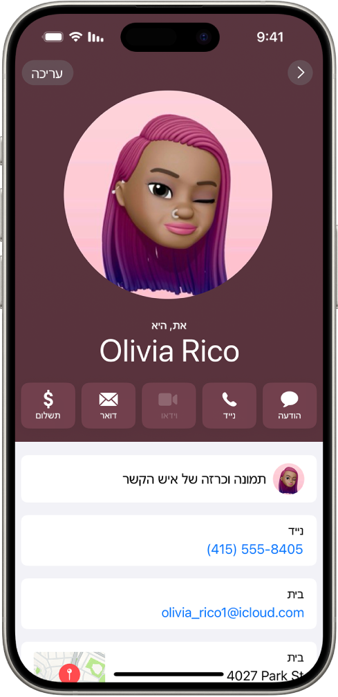 כרטיס ״איש קשר״ של עמליה ריקליס עם כינויי הגוף היא ושלה מתחת לתמונת איש הקשר. מתחת לשמה מופיעים הכפתורים לשליחת הודעה, לביצוע שיחת טלפון, לשליחת דוא״ל ולשימוש ב-ApplePay. בתחתית המסך מופיעים מספר הטלפון הנייד וכתובת הדוא״ל של אשת הקשר.