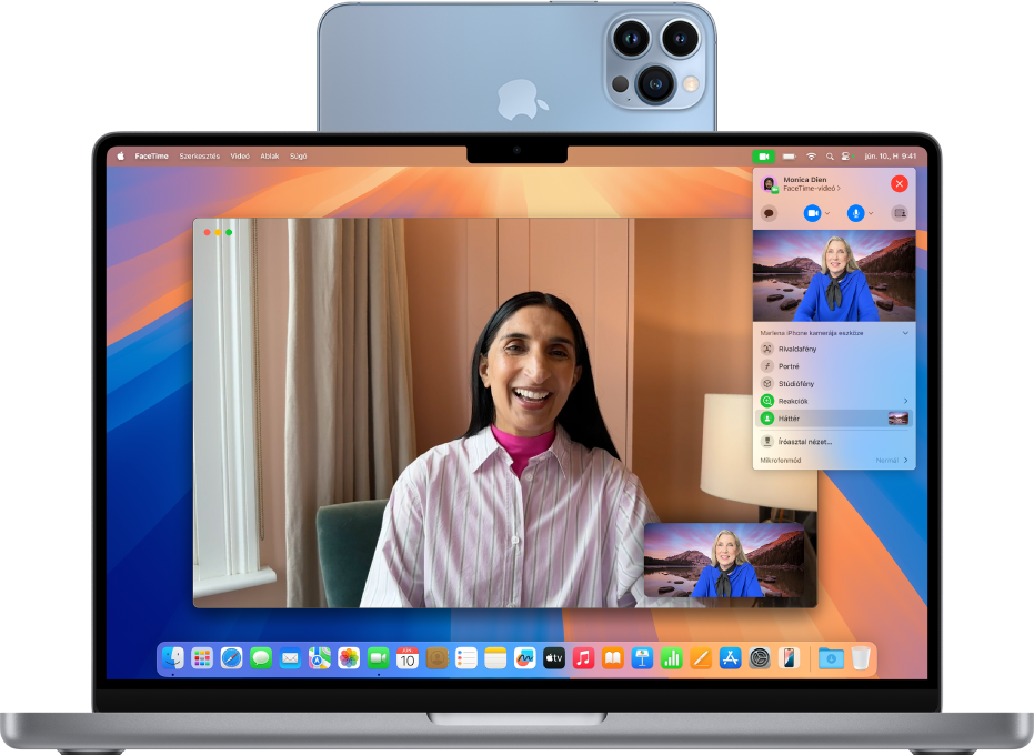 Egy MacBook Pro, amelyen egy FaceTime-beszélgetés van folyamatban, és amelyhez egy iPhone van használva webkameraként.