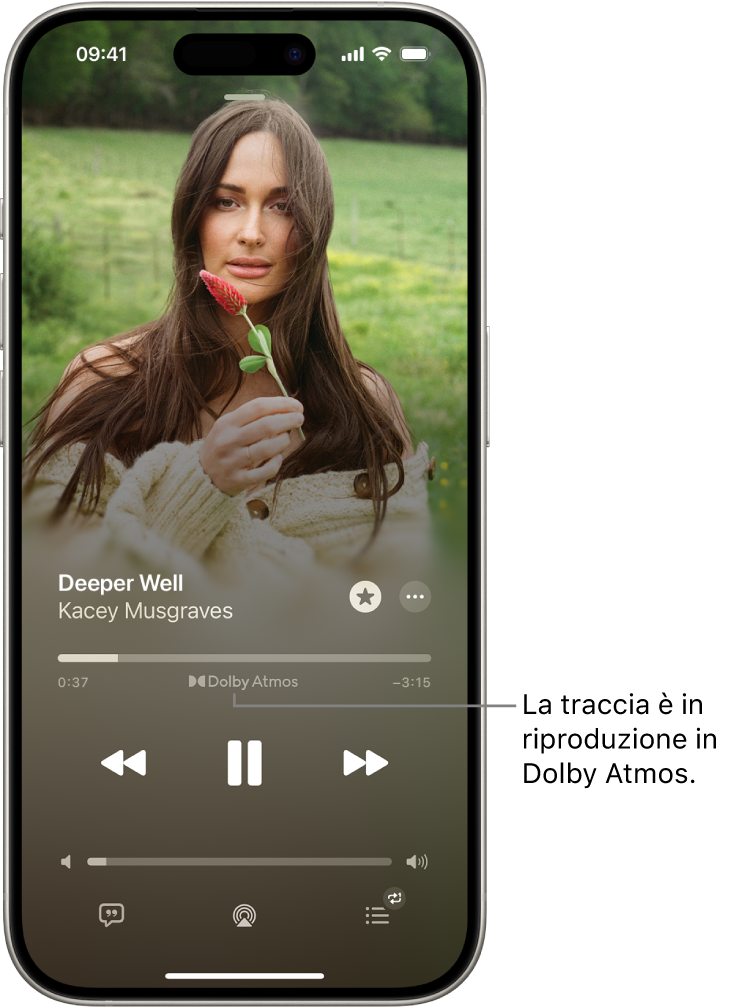 La schermata di “In riproduzione” che mostra l’icona Dolby Atmos per la traccia in riproduzione.