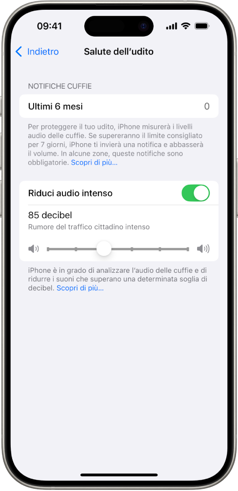 La schermata di “Salute dell’udito” che mostra il numero di notifiche inviate negli ultimi 6 mesi, l’impostazione “Riduci audio intenso”, un cursore per modificare il livello massimo dei decibel e il limite di decibel selezionato di 85 decibel.