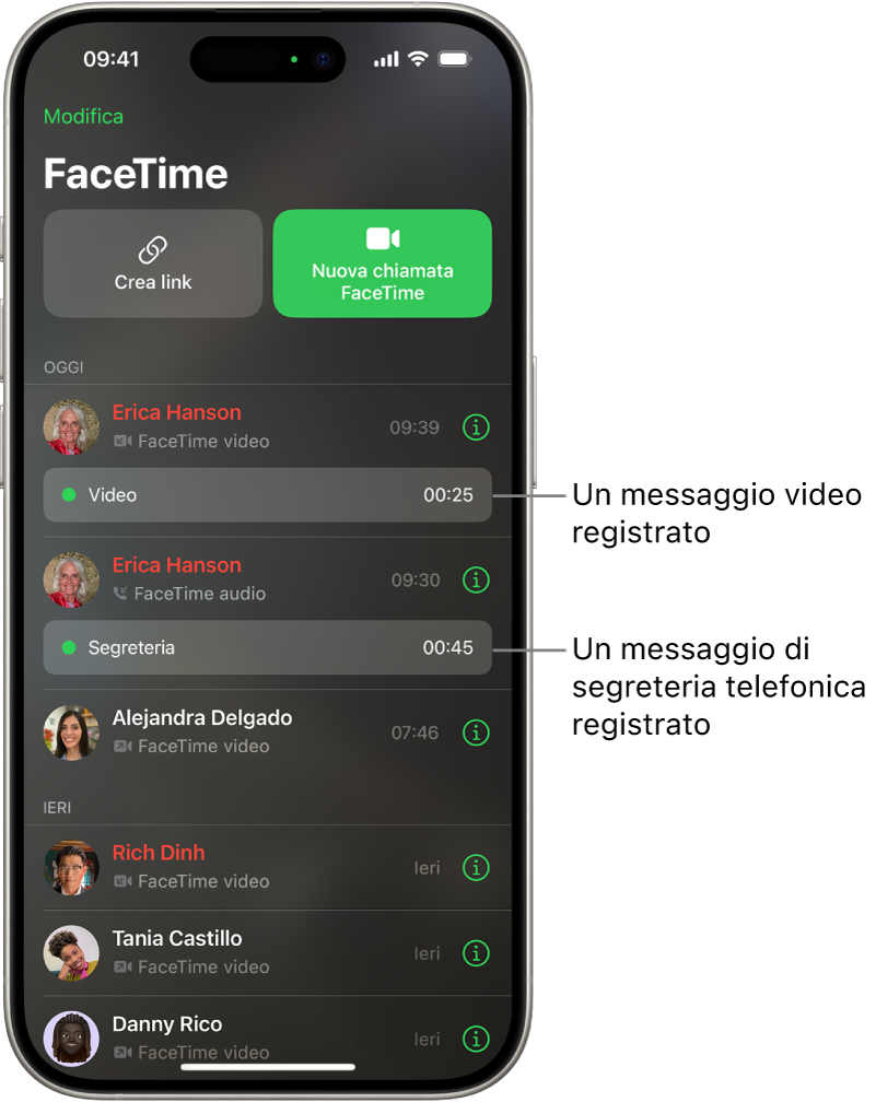 La cronologia delle chiamate FaceTime, con i link ai messaggi video e ai messaggi in segreteria registrati.
