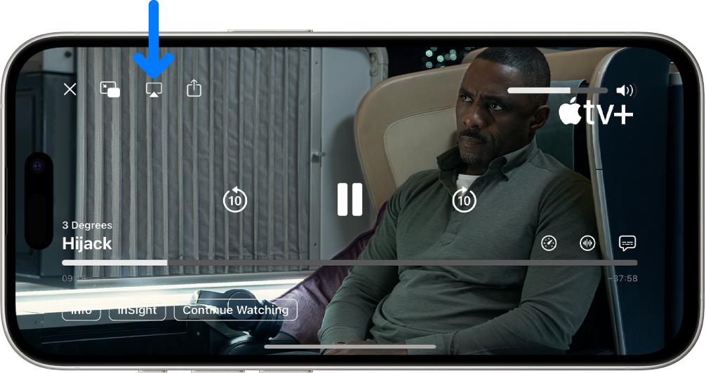 iPhone ಸ್ಕ್ರೀನ್‌ನಲ್ಲಿ ಪ್ಲೇ ಆಗುತ್ತಿರುವ ಚಲನಚಿತ್ರ. ಸ್ಕ್ರೀನ್‌ನ ಮಧ್ಯಭಾಗದಲ್ಲಿ ಪ್ಲೇಬ್ಯಾಕ್ ಕಂಟ್ರೋಲ್‌ಗಳಿವೆ. AirPlay ಬಟನ್ ಮೇಲಿನ ಎಡಭಾಗದ ಹತ್ತಿರದಲ್ಲಿದೆ.
