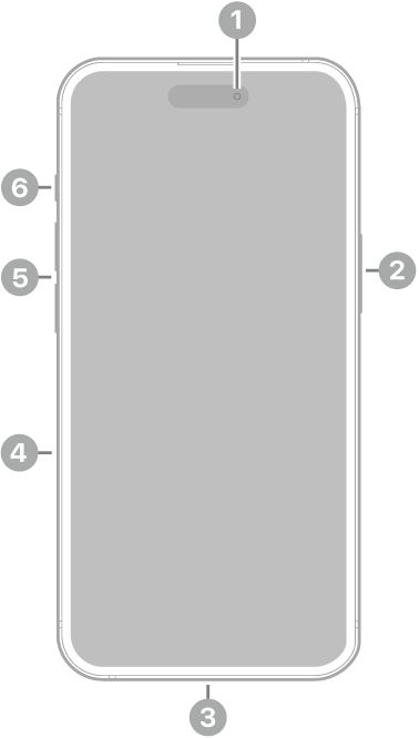 iPhone 15ನ ಮುಂಬದಿಯ ನೋಟ. ಮುಂಬದಿಯ ಕ್ಯಾಮರಾ ಮೇಲಿನ ಮಧ್ಯಭಾಗದಲ್ಲಿದೆ. ಸೈಡ್ ಬಟನ್ ಬಲಭಾಗದಲ್ಲಿದೆ. USB-C ಕನೆಕ್ಟರ್ ಕೆಳಭಾಗದಲ್ಲಿದೆ. ಎಡಭಾಗದಲ್ಲಿ, ಕೆಳಗಿನಿಂದ ಮೇಲಕ್ಕೆ, ಸಿಮ್ ಟ್ರೇ, ವಾಲ್ಯೂಮ್ ಬಟನ್‌ಗಳು ಮತ್ತು ರಿಂಗ್/ನಿಶ್ಯಬ್ದ ಸ್ವಿಚ್ ಇವೆ.