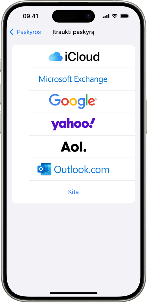 Ekranas „Įtraukti paskyrą“ su parinktimis, skirtomis pasirinkti „iCloud“, „Microsoft Exchange“, „Google“, „Yahoo“, AOL ir „Kita“.
