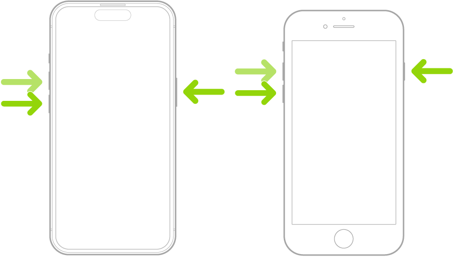 Attēls ar diviem iPhone modeļiem. Viens ar pogu Home, bet otrs bez tās. Abu tālruņu ekrāni ir vērsti augšup. Katra modeļa skaļuma pogas ir iPhone tālruņa kreisajā pusē, bet sānu poga — labajā pusē.