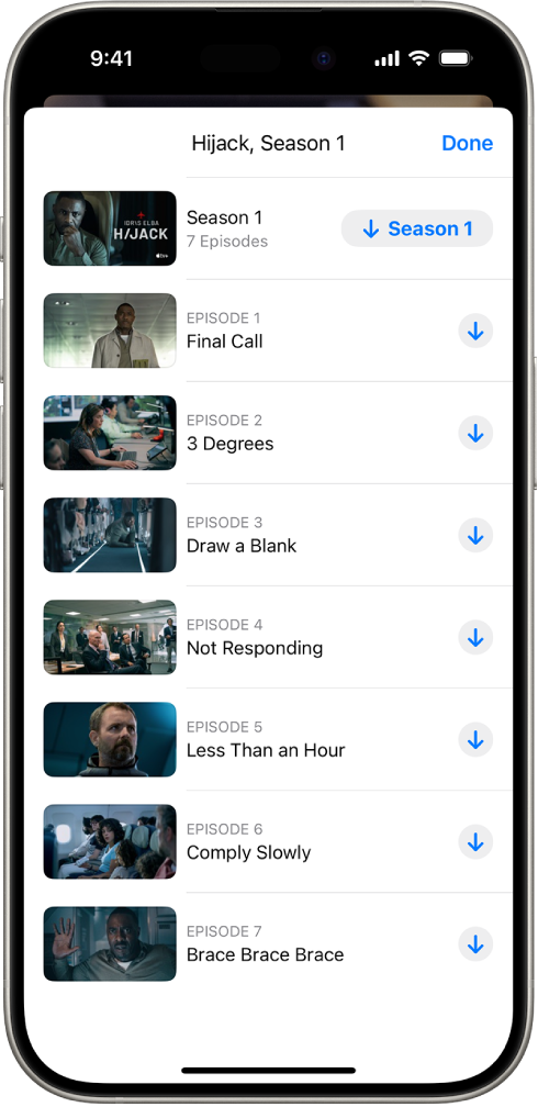 Apple Originals च्या एपिसोडची यादी दाखवणारा Apple TV+ टॅब. संपूर्ण सीझन आणि प्रत्येक एपिसोड डाउनलोड करण्यासाठीची बटणे स्क्रीनच्या उजव्या बाजूला दिसतील.