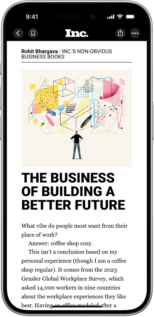 Apple News मधील लेख. स्क्रीनच्या वरच्या डाव्या कोपऱ्यात स्टॉक ॲप आणि बुकमार्क बटणावर परत जाण्यासाठी ‘मागे’ बटण आहे. वरच्या उजव्या कोपऱ्यात ‘टेक्स्टचा आकार’ आणि ‘अधिक कृती’ बटणे आहेत.