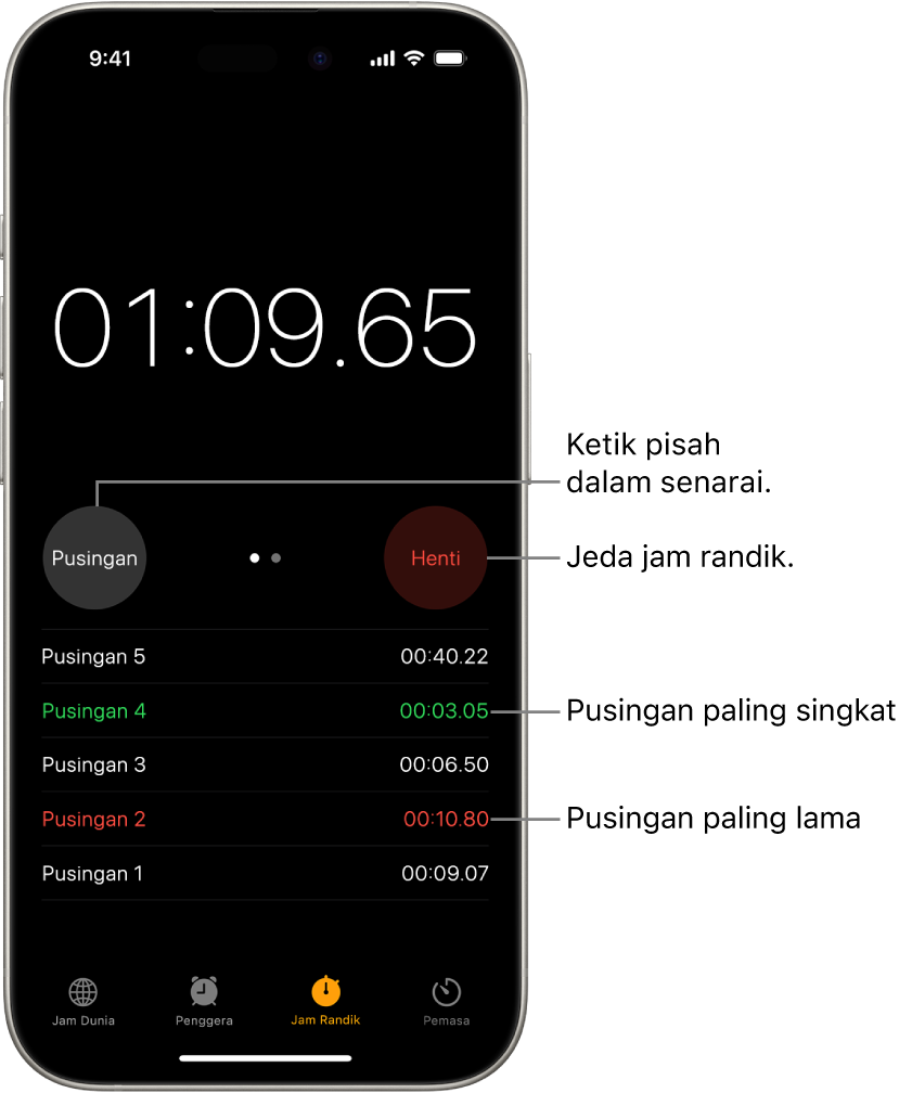 Jam randik dalam app Jam menunjukkan masa yang telah berlalu keseluruhan dan di bawahnya ialah beberapa pusingan dalam peristiwa tersebut.