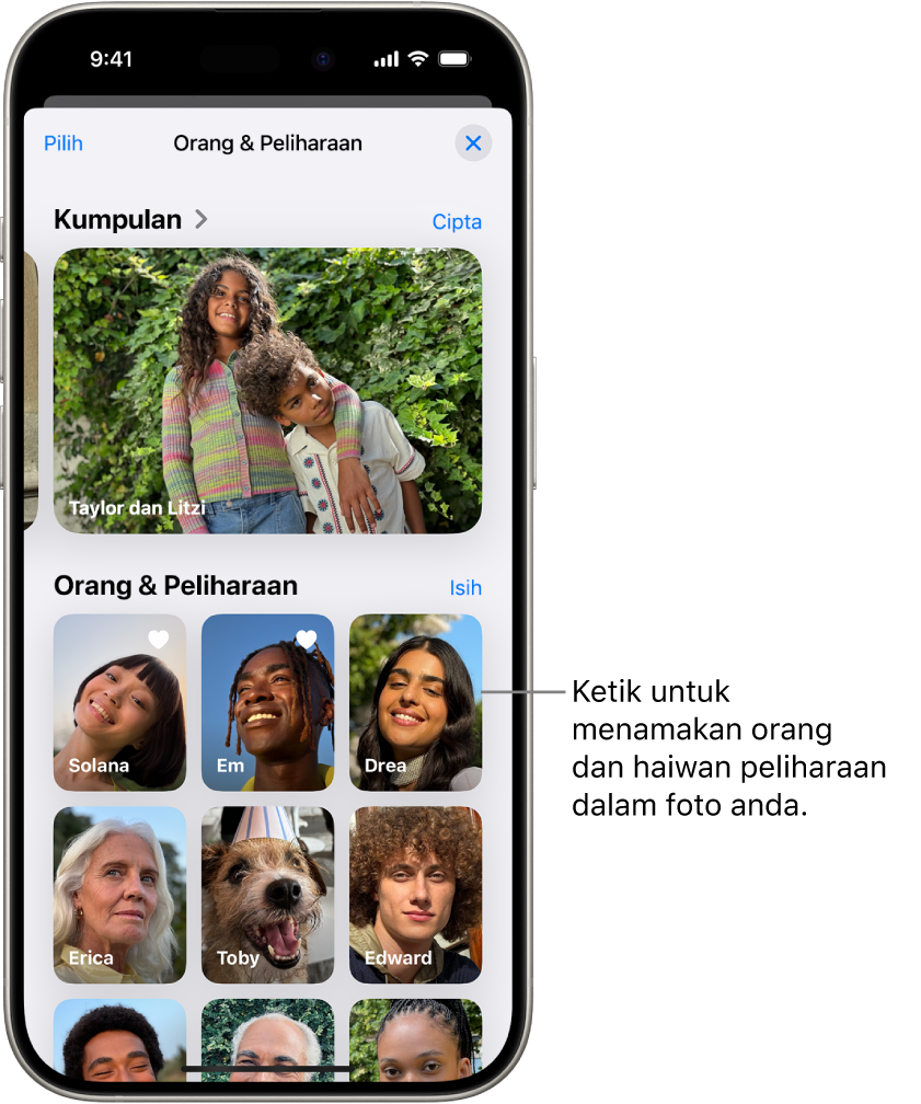 Koleksi Orang & Peliharaan dalam app Foto. Kumpulan kelihatan di bahagian atas dan orang serta haiwan peliharaan disenaraikan di bawah