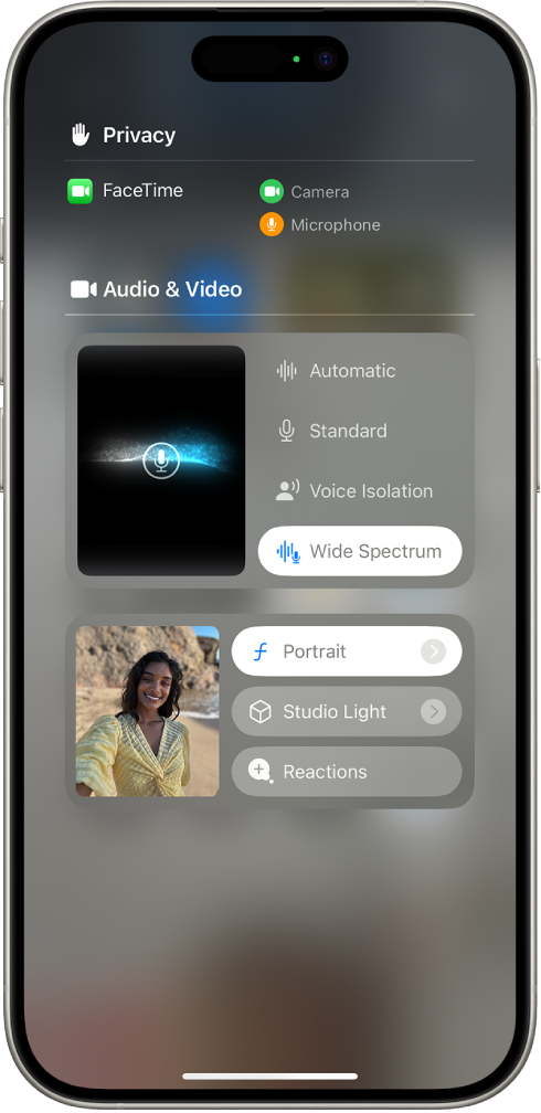 FaceTime ခေါ်ဆိုမှုအတွင်း Control Center အတွင်းရှိ Video Effects ချိန်ညှိမှုများ။ Portrait မုဒ်ကို ဖွင့်ထားပြီး နောက်ခံမှုန်ဝါး၍ အရာဝတ္ထုကိုထင်ရှားစေသည့် Portrait လုပ်ဆောင်ချက်ဖြင့် ချဲ့ထားသော အကွက်အတွင်း ခေါ်ဆိုသူ၏ရုပ်ပုံ ပေါ်လာသည်။