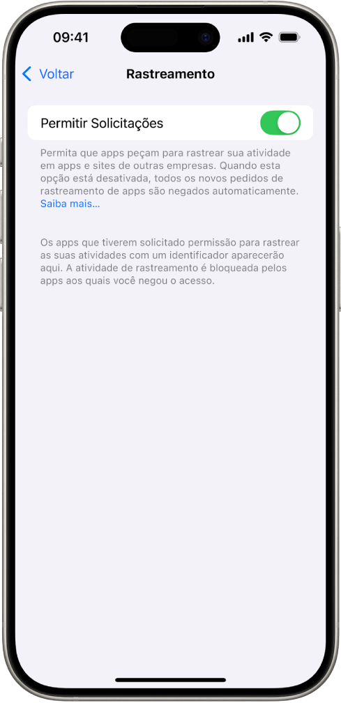 Tela Rastreamento, com ajuste para controlar se os apps podem pedir para rastrear você em sites ou apps de outras empresas.
