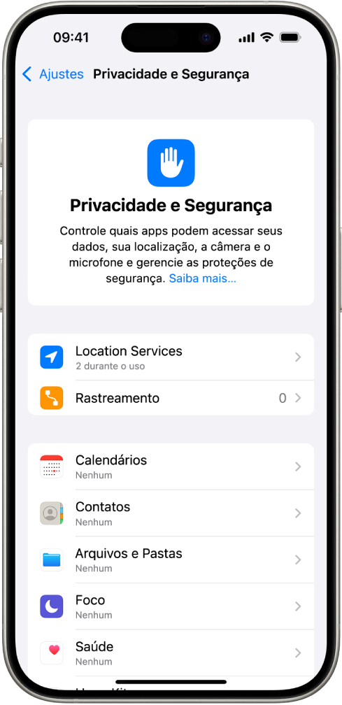 A tela “Privacidade e Segurança” com ajustes para “Serviços de Localização” e Rastreamento, e ajustes para controlar quais apps podem acessar dados.