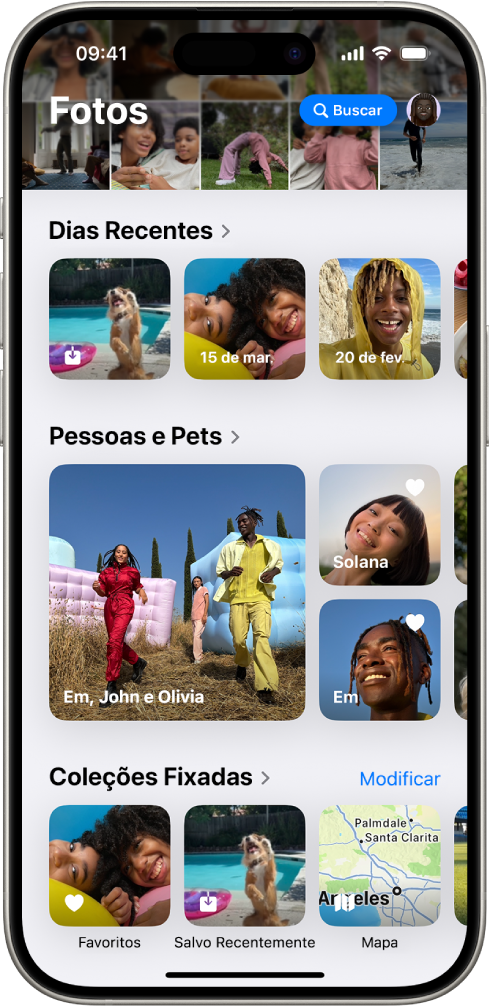 O app Fotos está aberto. A parte superior da tela mostra a fototeca em uma grade. Abaixo disso estão Dias Recentes, Pessoas e Pets, e Coleções Fixadas.