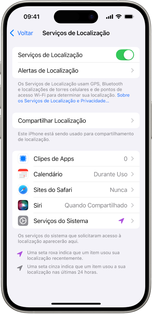Tela dos Serviços de Localização com ajustes para compartilhar a localização do iPhone com apps.
