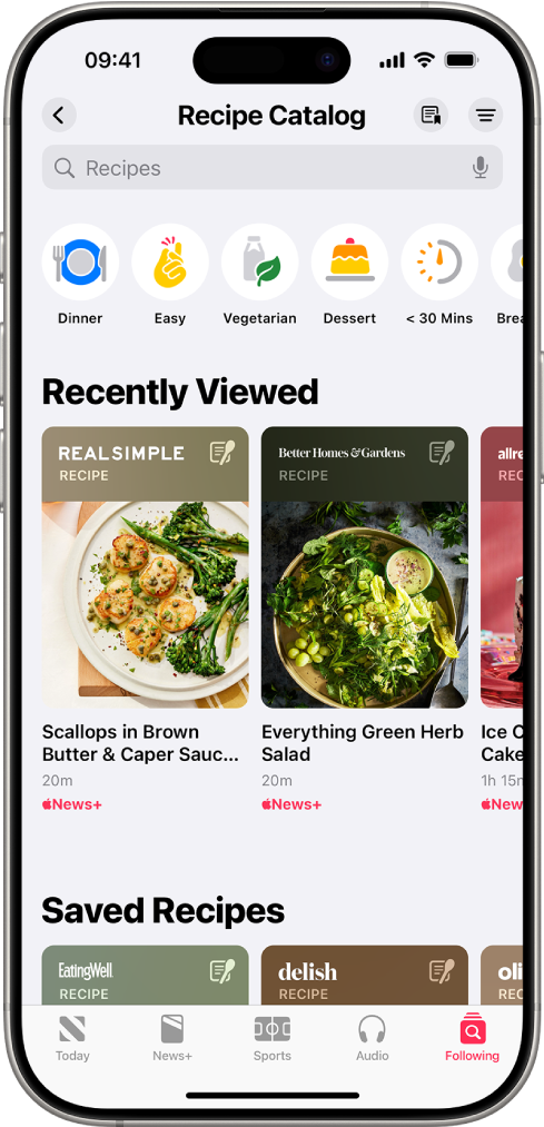 Iskanje receptov v aplikaciji Apple News+.