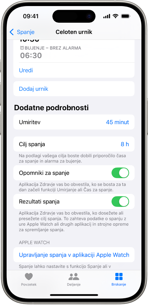 Del Dodatne podrobnosti na zaslonu Celoten urnik.