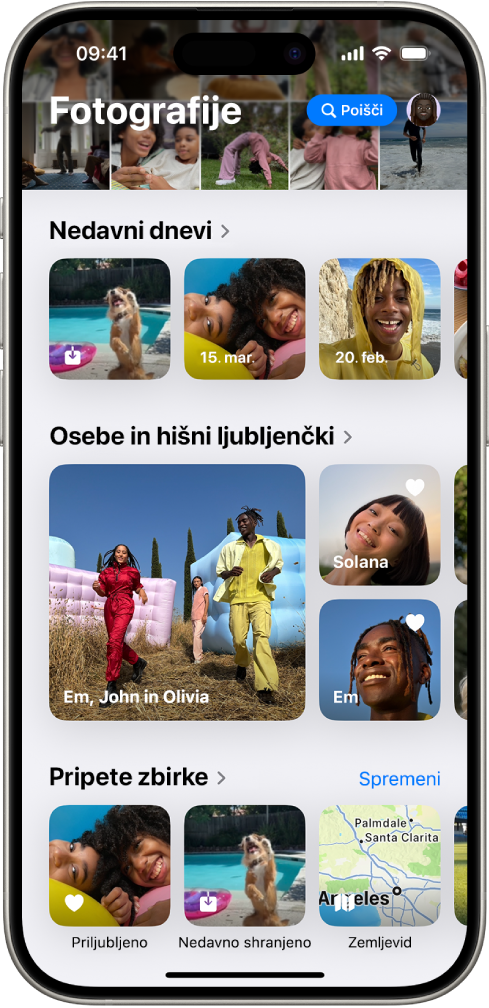 Aplikacija Fotografije je odprta. Na vrhu zaslona je prikazana knjižnica fotografij v mreži. Spodaj so nedavni dnevi, osebe in hišni ljubljenčki in pripete zbirke.