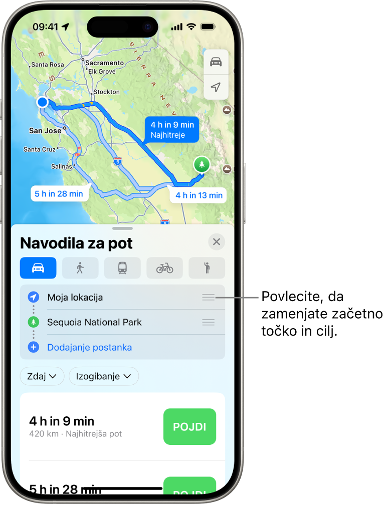 Zemljevid z več možnimi potmi za navodila za vožnjo med Mojo lokacijo in ciljem.