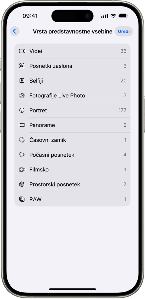V aplikaciji Fotografije je odprta zbirka Vrste predstavnostnih vsebin, ki prikazuje seznam zbirk fotografij.