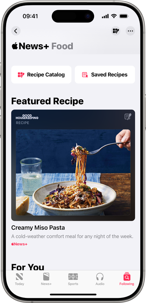 Recept v Apple News+ z gumbi za Recipe Catalog (Katalog receptov) in Saved Recipes (Shranjeni recepti).