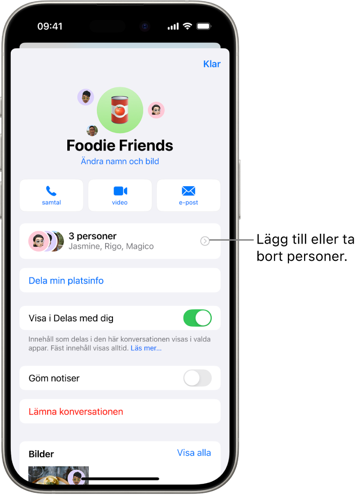 Konversationsdetaljer för en grupp.