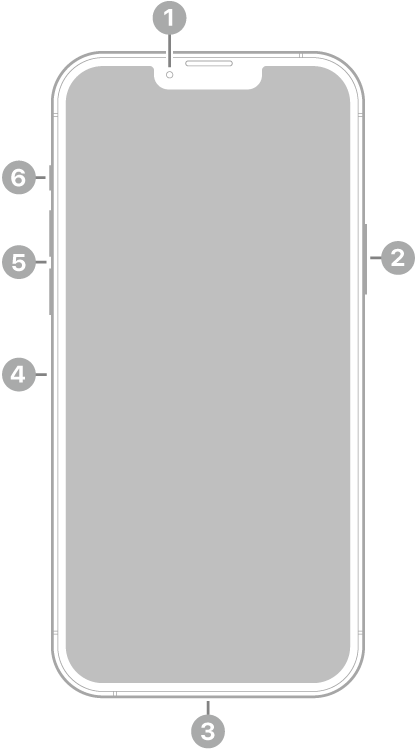 iPhone 13 Pro Maxஇன் முன்புறக் காட்சி. முன்புற கேமரா மேல் மையத்தில் உள்ளது. பக்கவாட்டு பட்டன் வலதுபுறத்தில் உள்ளது. Lightning கனெக்டர் அடிப்பகுதியில் உள்ளது. இடதுபுறத்தில், அடிப்பகுதி முதல் மேற்பகுதி வரை SIM டிரே, ஒலியளவு பட்டன்கள், ரிங்/சைலன்ட் ஸ்விட்ச் ஆகியவை உள்ளன.