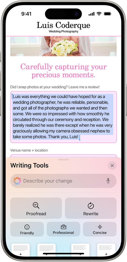 iPhoneలో స్క్రీన్ ఎగువన హైలైట్ చేయబడిన టెక్స్ట్, దిగువన ఉన్న రైటింగ్ టూల్స్ పేన్ చూపబడుతున్నాయి. రైటింగ్ టూల్స్ పేన్ మీరు కోరుకున్న మార్పును వివరించే ఫీల్డ్‌ను ఎగువ భాగంలో చూపుతుంది. రైటింగ్ టూల్స్ ఎంపికలు దిగువన కనిపిస్తాయి.